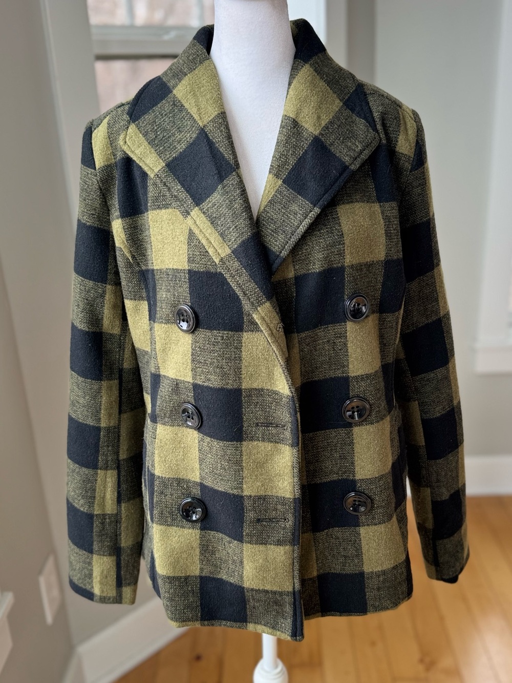Vintage Y2K 90s Rampage Black Olive Green Plaid Double-Breasted Peacoat Jacket L